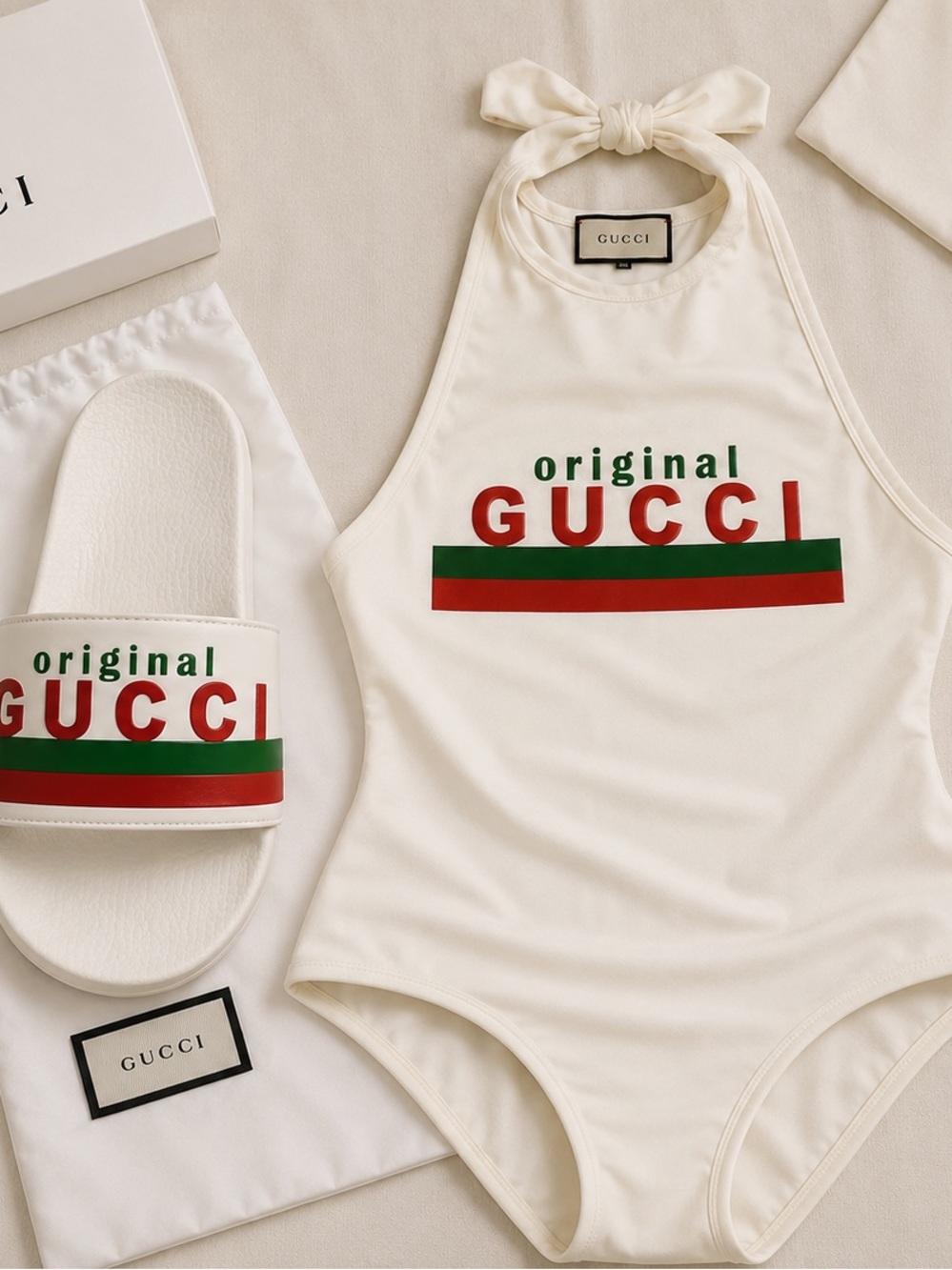 Gucci Cream Halter One-Piece with Red & Green Logo Stripe